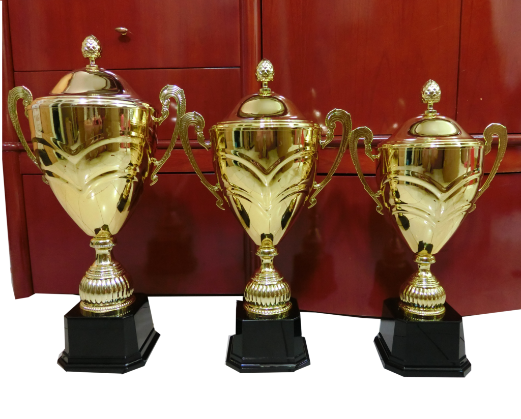  Three gold trophies of different sizes sit on black bases in front of a dark red background.